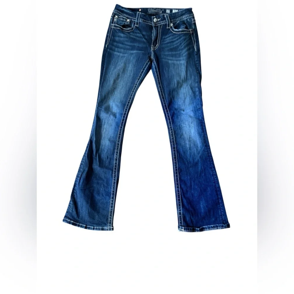 Miss Me Mid~Rise Boot Denim Jeans Sz 29X32.5 Stretch Bling Flap Pockets Distress - Picture 2 of 7
